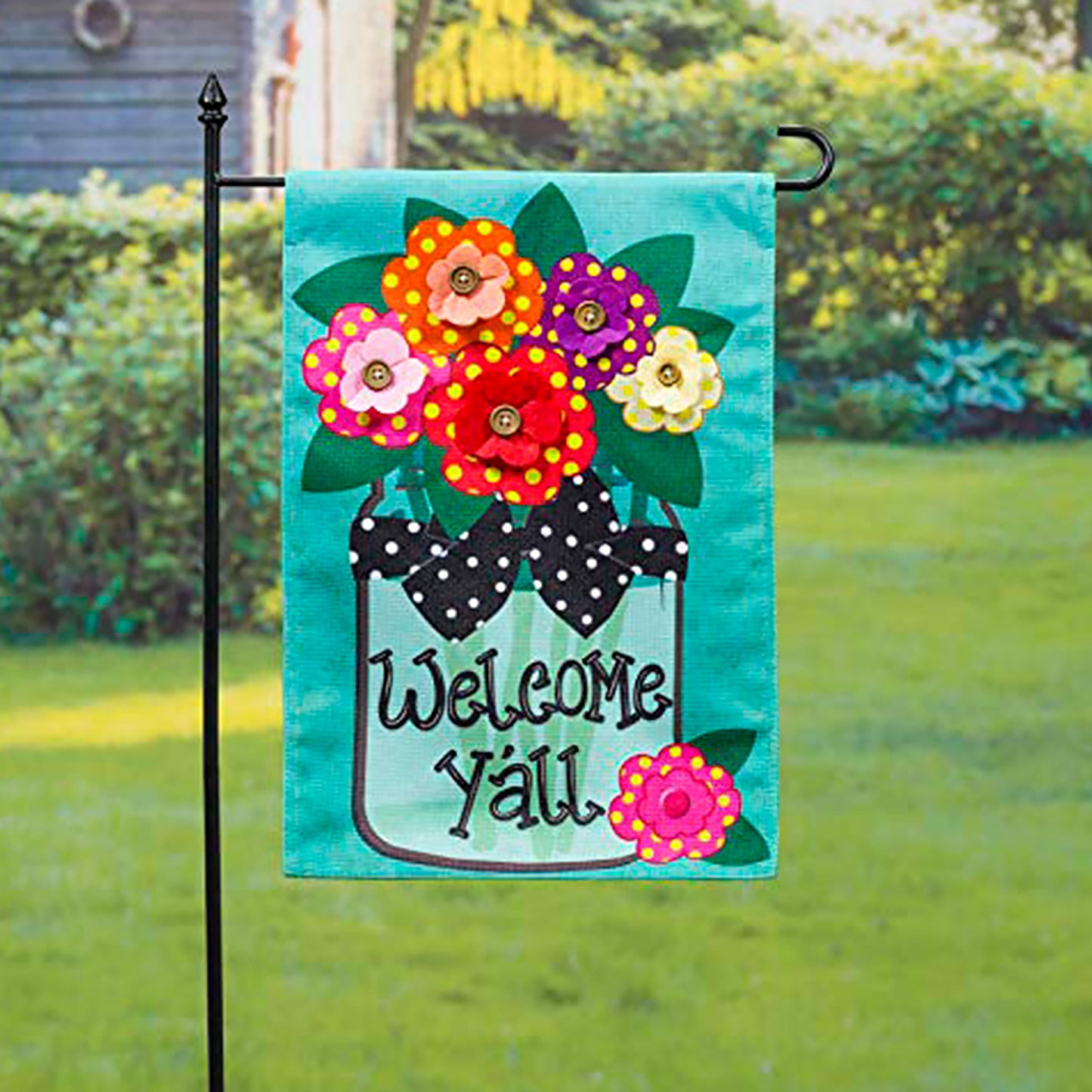 Ensemble drapeau de jardin en toile de jute et tapis en sassafras « Bienvenue à tous » (14B4181ECM+22001T+431272+43BM003)