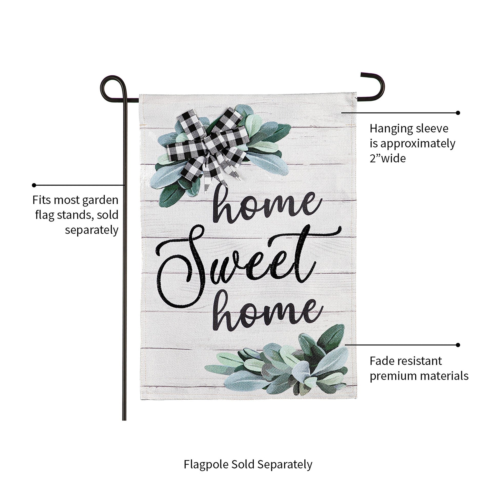 Home Sweet Home Burlap Flag with eucalyptus leaves and buffalo plaid bow for garden flag stands on Tampa Home & Garden Store