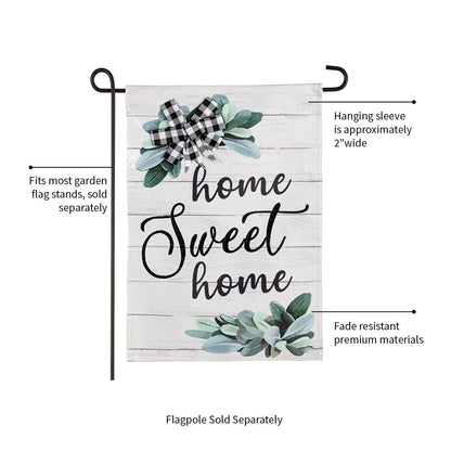 Home Sweet Home Burlap Flag with eucalyptus leaves and buffalo plaid bow for garden flag stands on Tampa Home & Garden Store