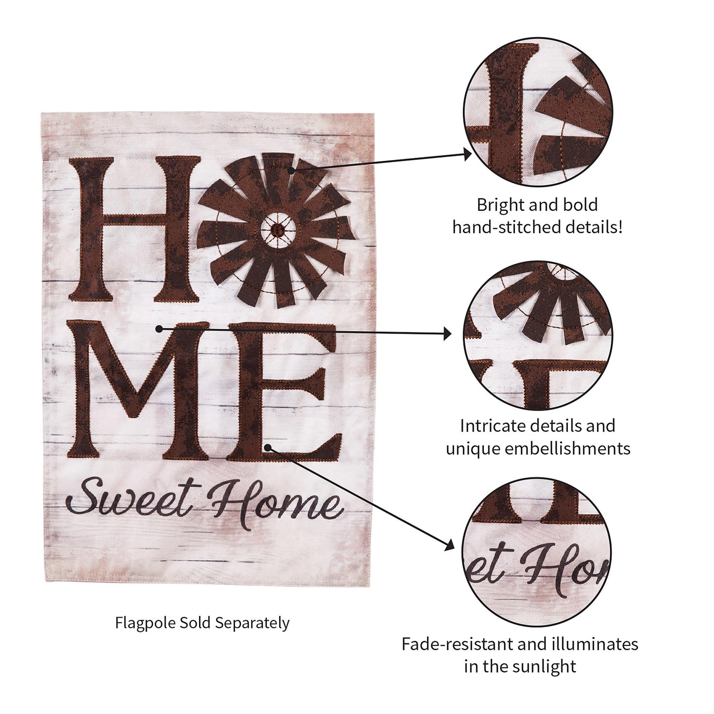 Windmill Home Sweet Home linen flag in rustic white with brown embroidered letters and windmill motif on Tampa Home & Garden Store