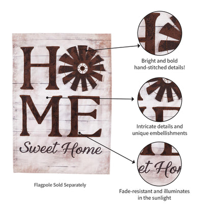 Windmill Home Sweet Home linen flag in rustic white with brown embroidered letters and windmill motif on Tampa Home & Garden Store