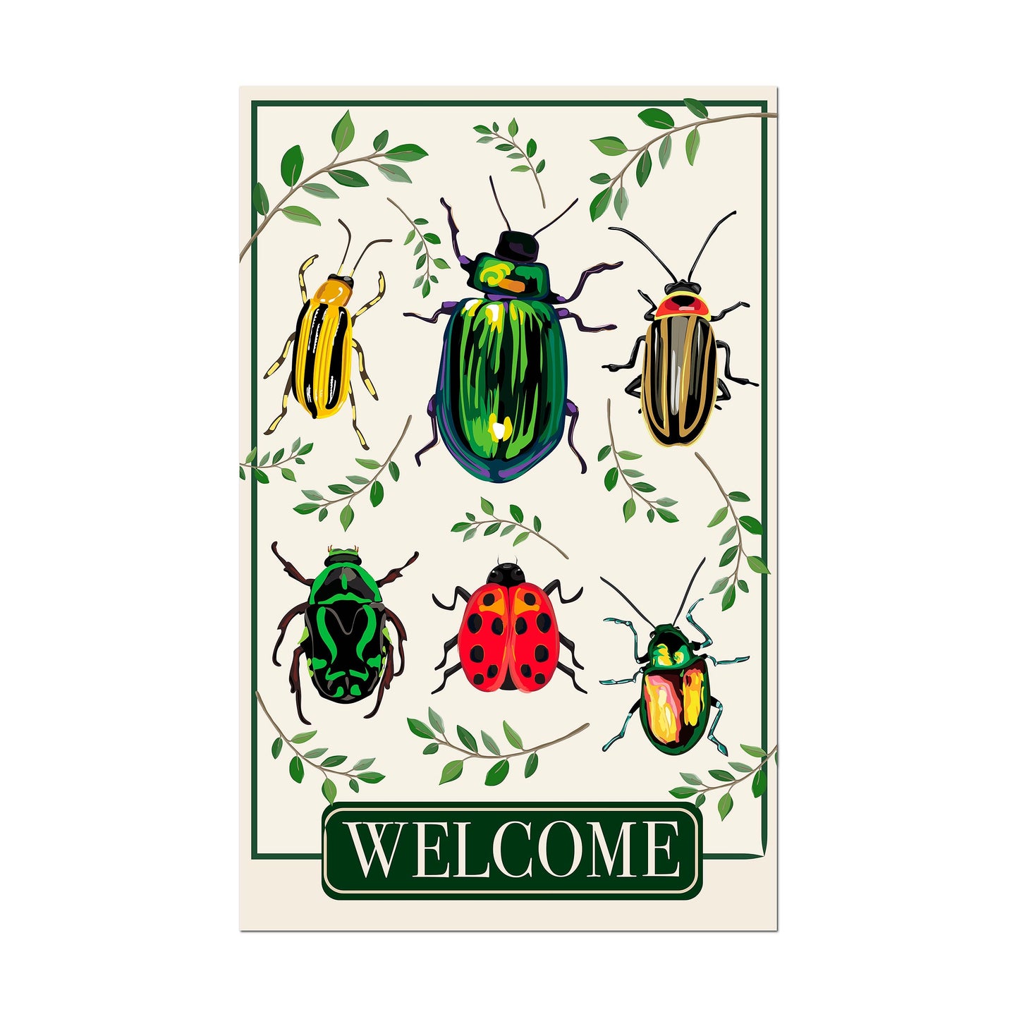 Garden Beetles Applique House Flag with colorful beetles and green leaves WELCOME on Tampa Home & Garden Store