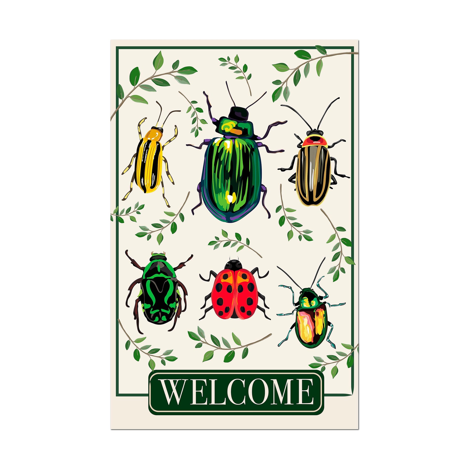 Garden Beetles Applique House Flag with colorful beetles and green leaves WELCOME on Tampa Home & Garden Store