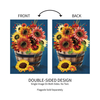 Cozy Burlap Barrel and Blooms Fall Garden Flag