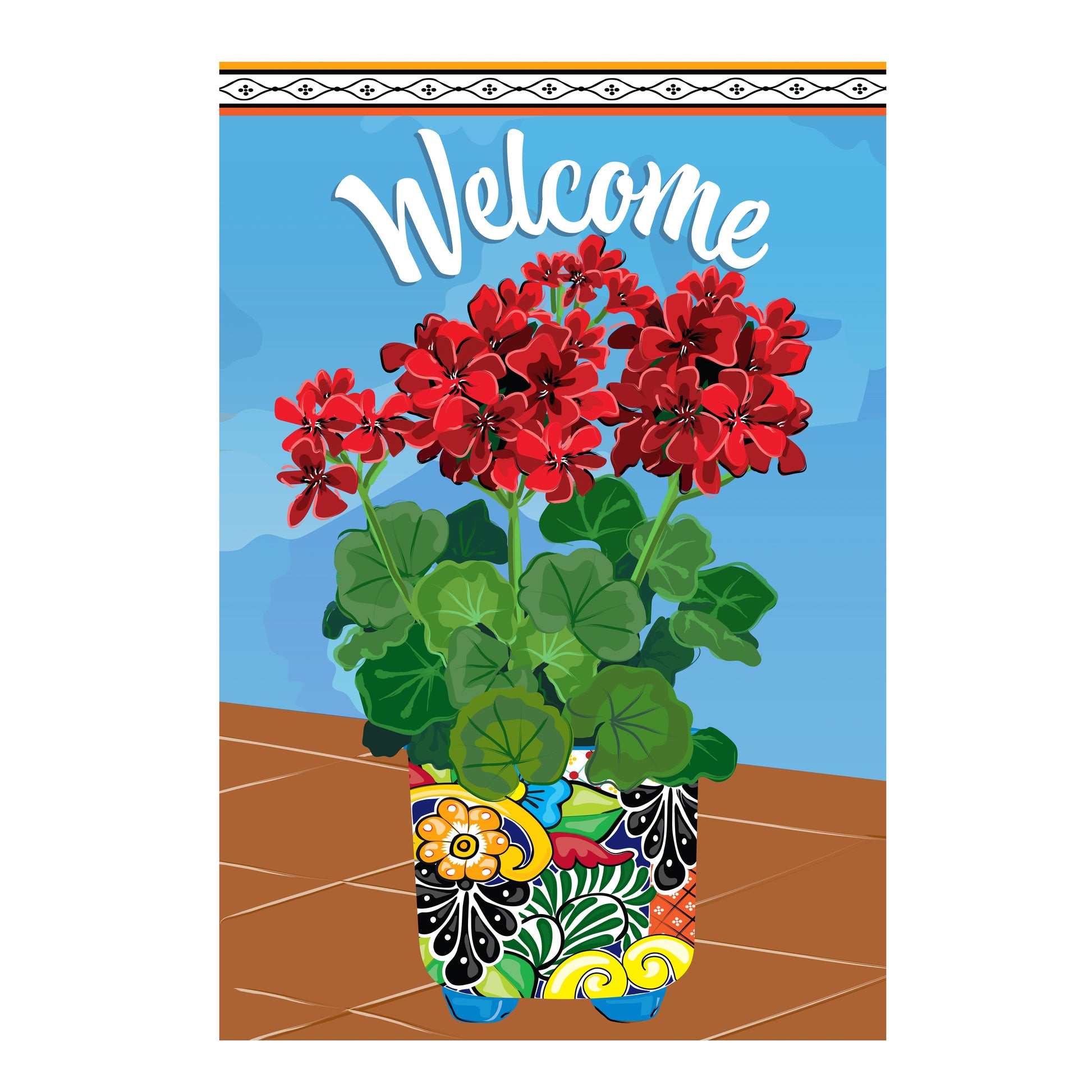 Applique house flag with Mexican pottery motif and bright red geraniums on a blue welcome panel on Tampa Home & Garden Store