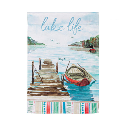 Lake Love Garden Suede Flag by Evergreen Enterprises - Wholesale Collective, blue lakeside scene flag accessory on Tampa Home & Garden Store