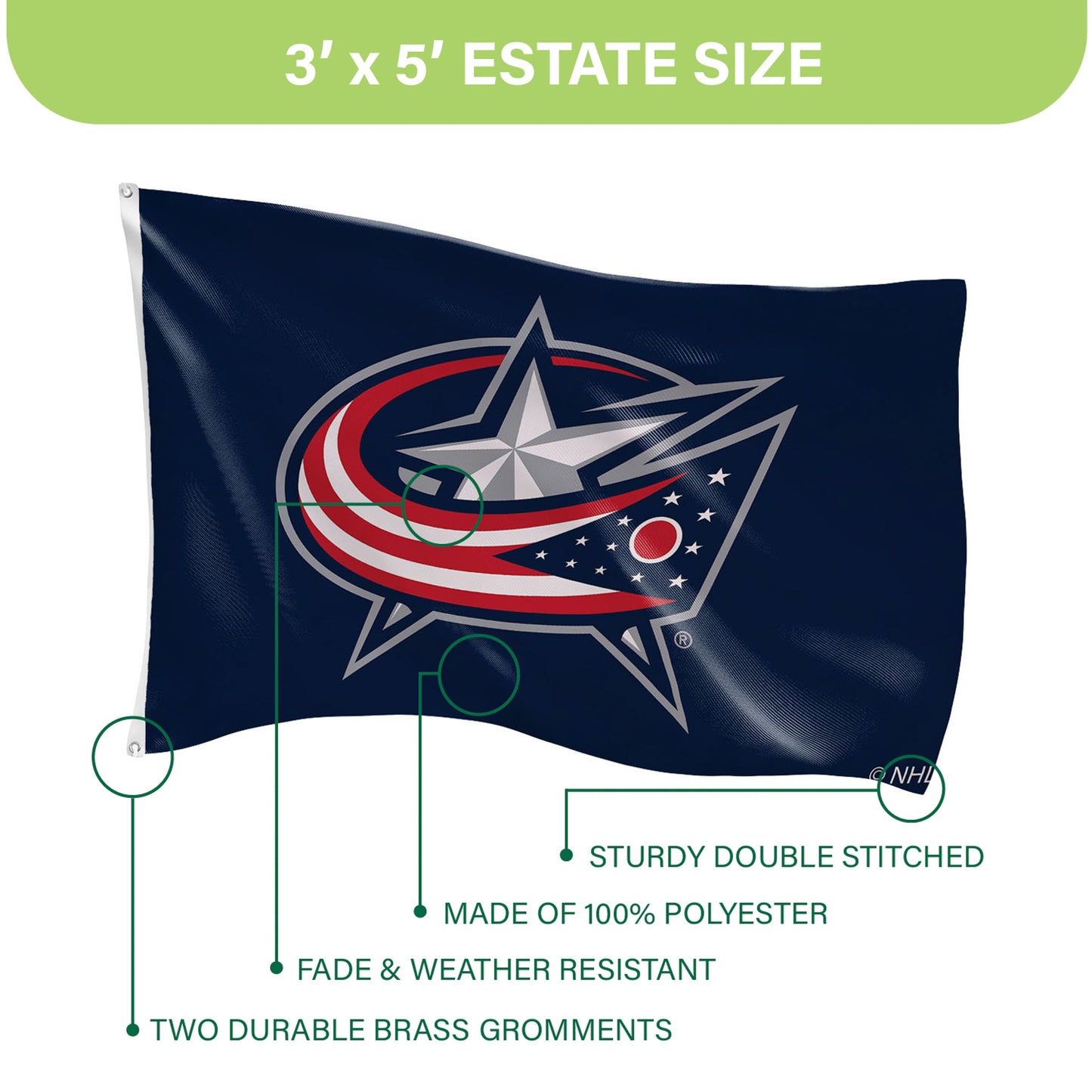 Columbus Blue Jackets 3x5 single-sided flag with 2 brass grommets in navy featuring team logo on Tampa Home & Garden Store
