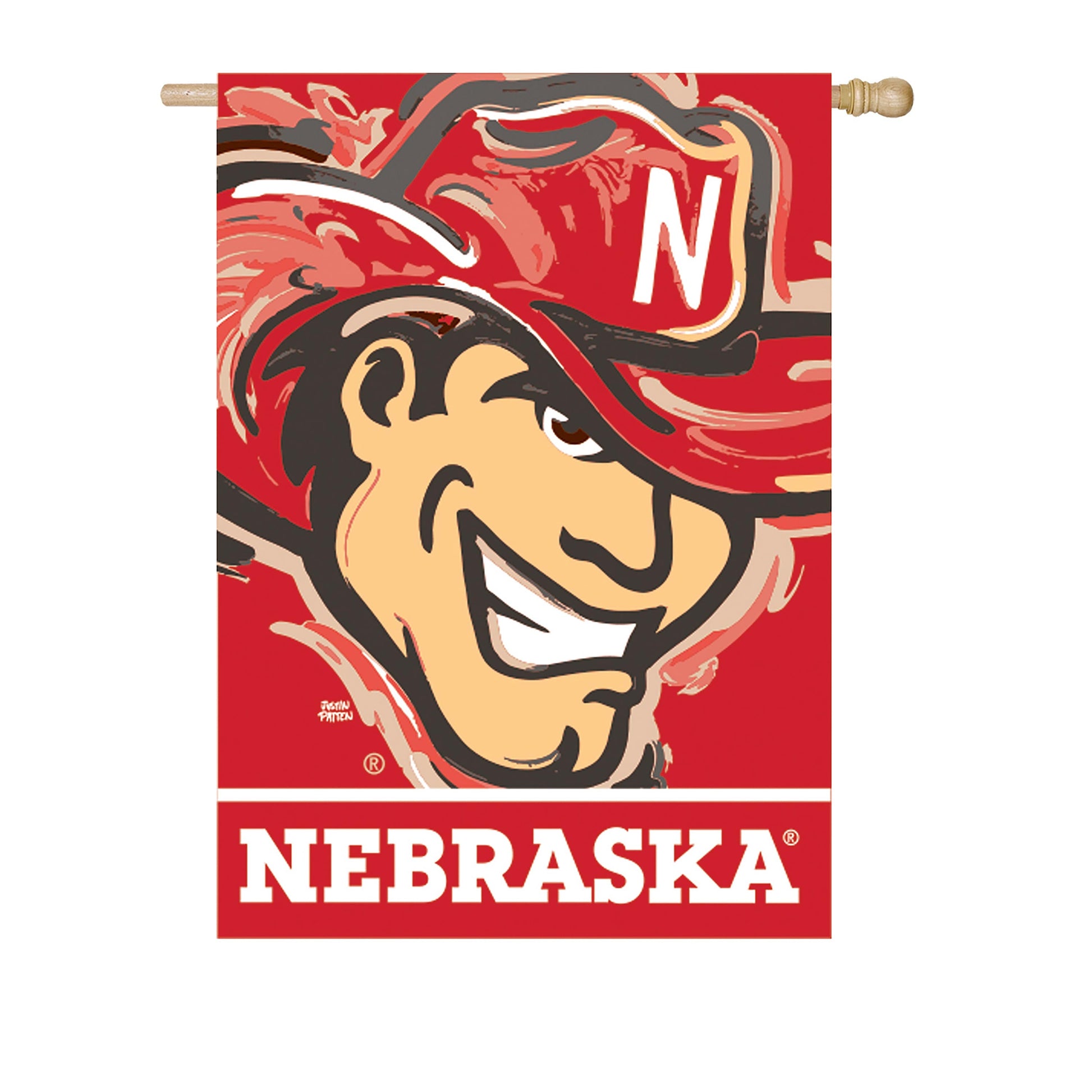 University of Nebraska suede flag on wooden pole with Husker mascot and NEBRASKA text on Tampa Home & Garden Store