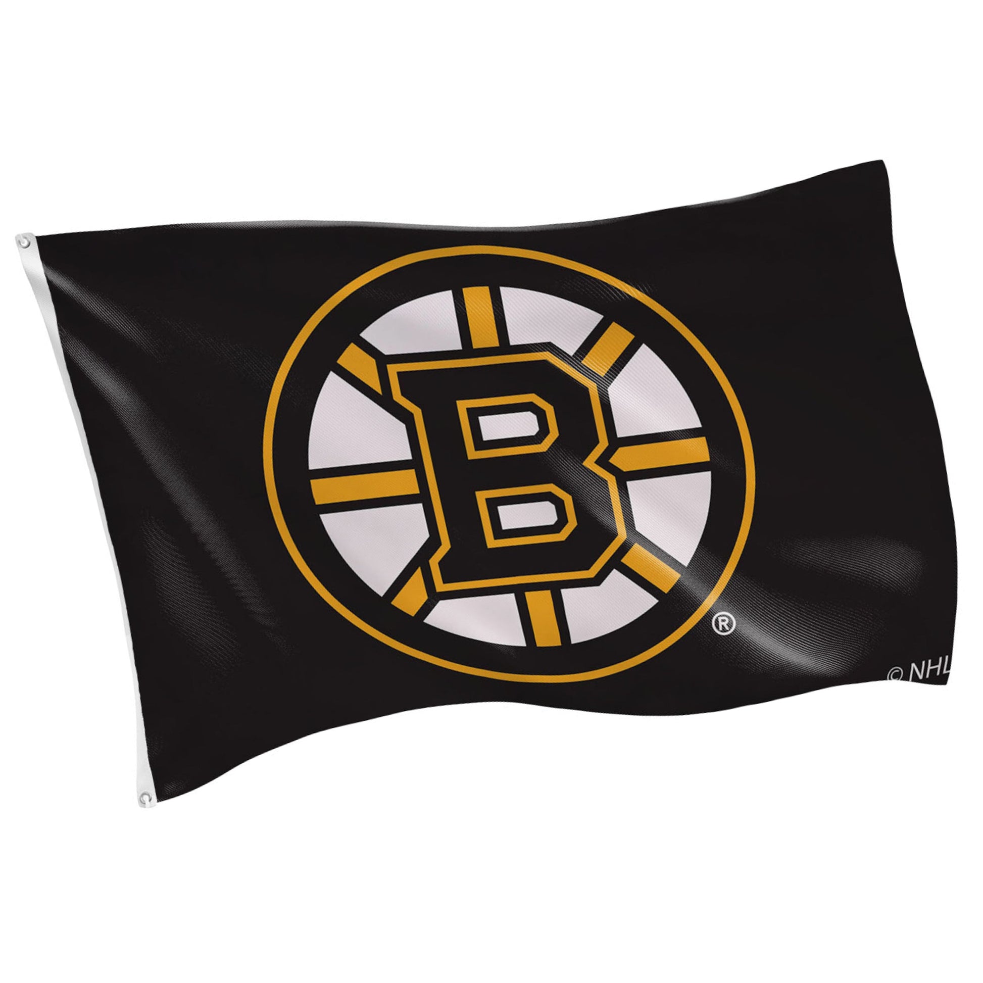 Boston Bruins 3x5 single-sided sublimated flag with 2 grommets on black background on Tampa Home & Garden Store