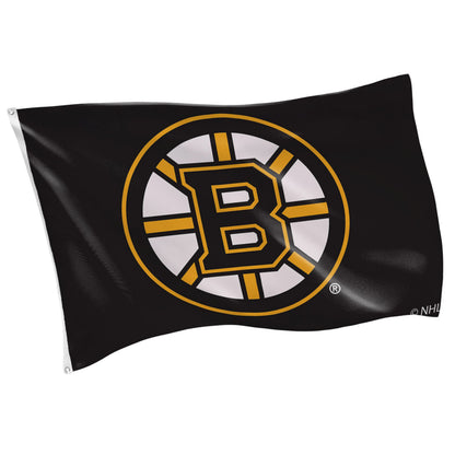 Boston Bruins 3x5 single-sided sublimated flag with 2 grommets on black background on Tampa Home & Garden Store