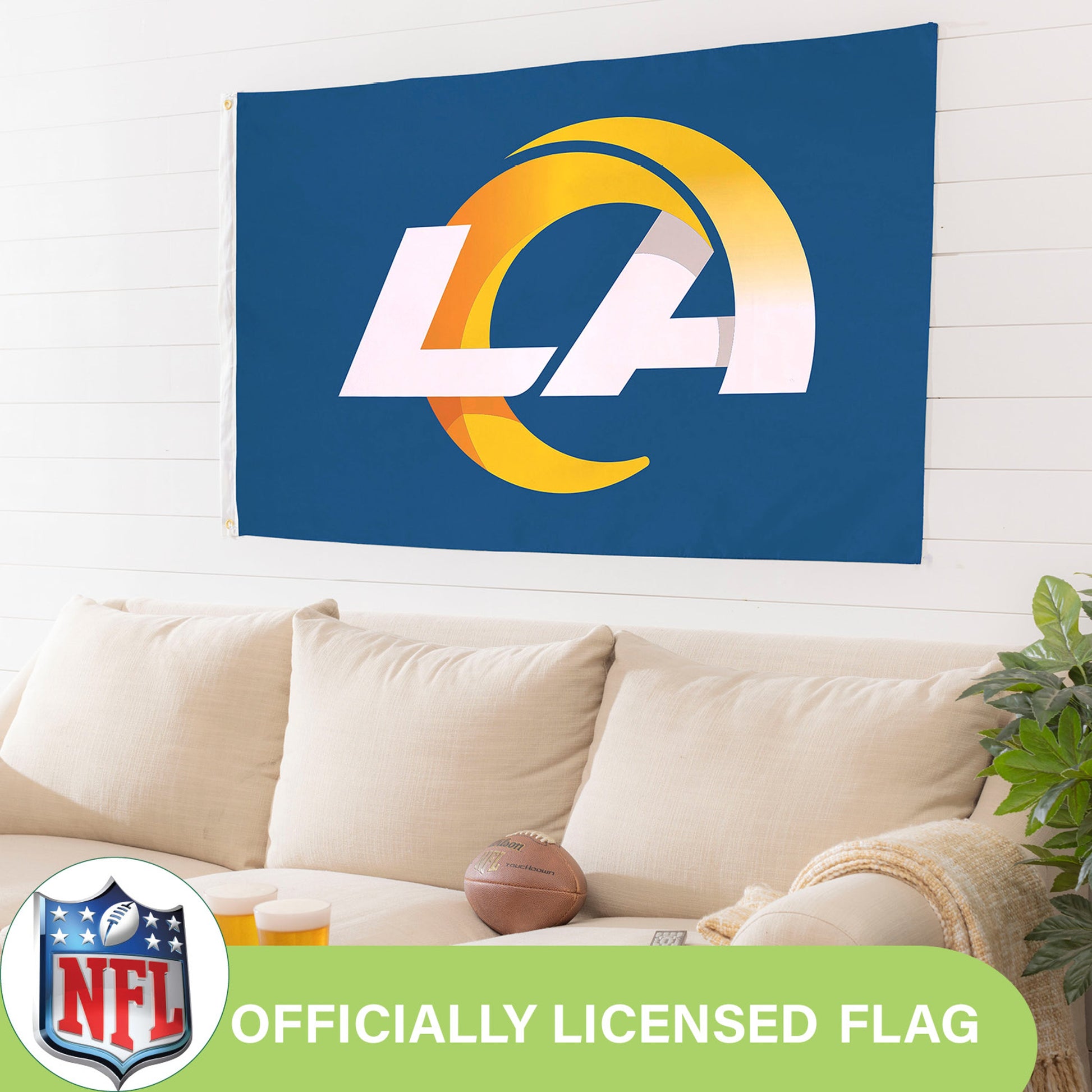 Los Angeles Rams flag 3x5 sublimated blue with logo, 2 grommets on Tampa Home & Garden Store