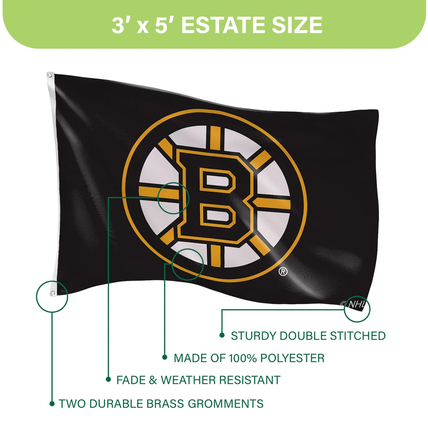 Boston Bruins single-sided 3x5 estate flag with two brass grommets on durable polyester on Tampa Home & Garden Store
