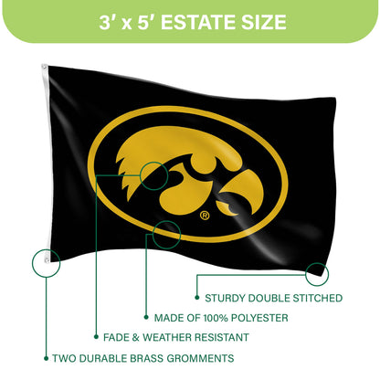 University of Iowa 3x5 estate flag, sublimated, single-sided with 2 grommets, black with gold logo on Tampa Home & Garden Store