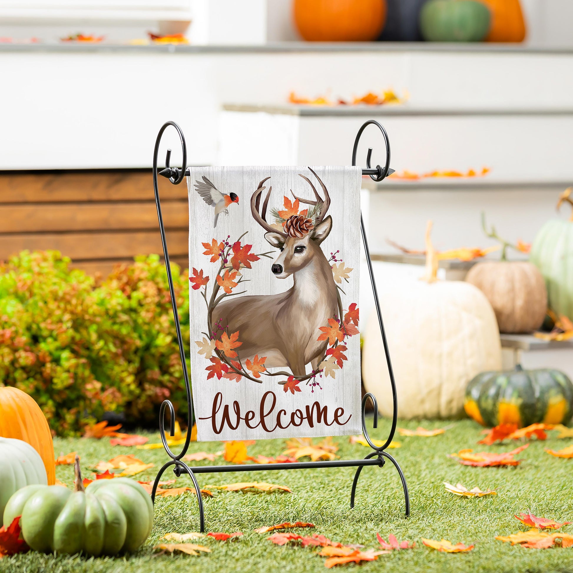 Autumn Deer Wreath Moire Garden Flag with deer and orange leaves on a white wooden backdrop on Tampa Home & Garden Store