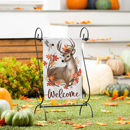 Autumn Deer Wreath Moire Garden Flag with deer and orange leaves on a white wooden backdrop on Tampa Home & Garden Store