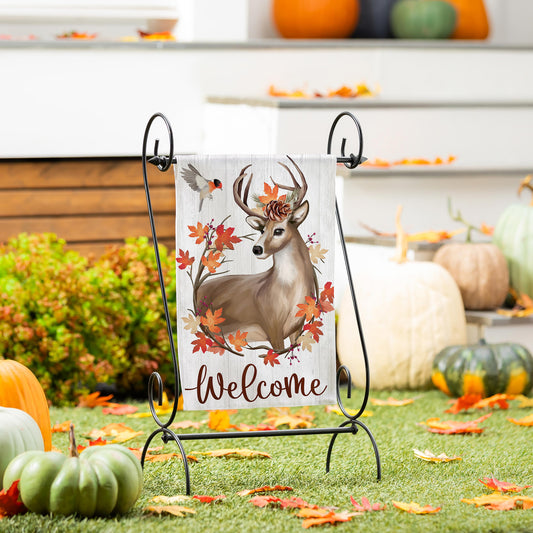 Autumn Deer Wreath Moire Garden Flag with deer and orange leaves on a white wooden backdrop on Tampa Home & Garden Store