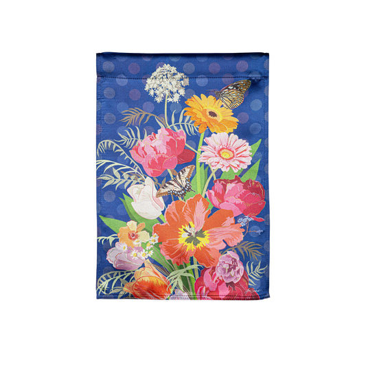 Bloom Boldly Lustre Garden Flag blue with vibrant flowers and butterfly by Evergreen Enterprises on Tampa Home & Garden Store
