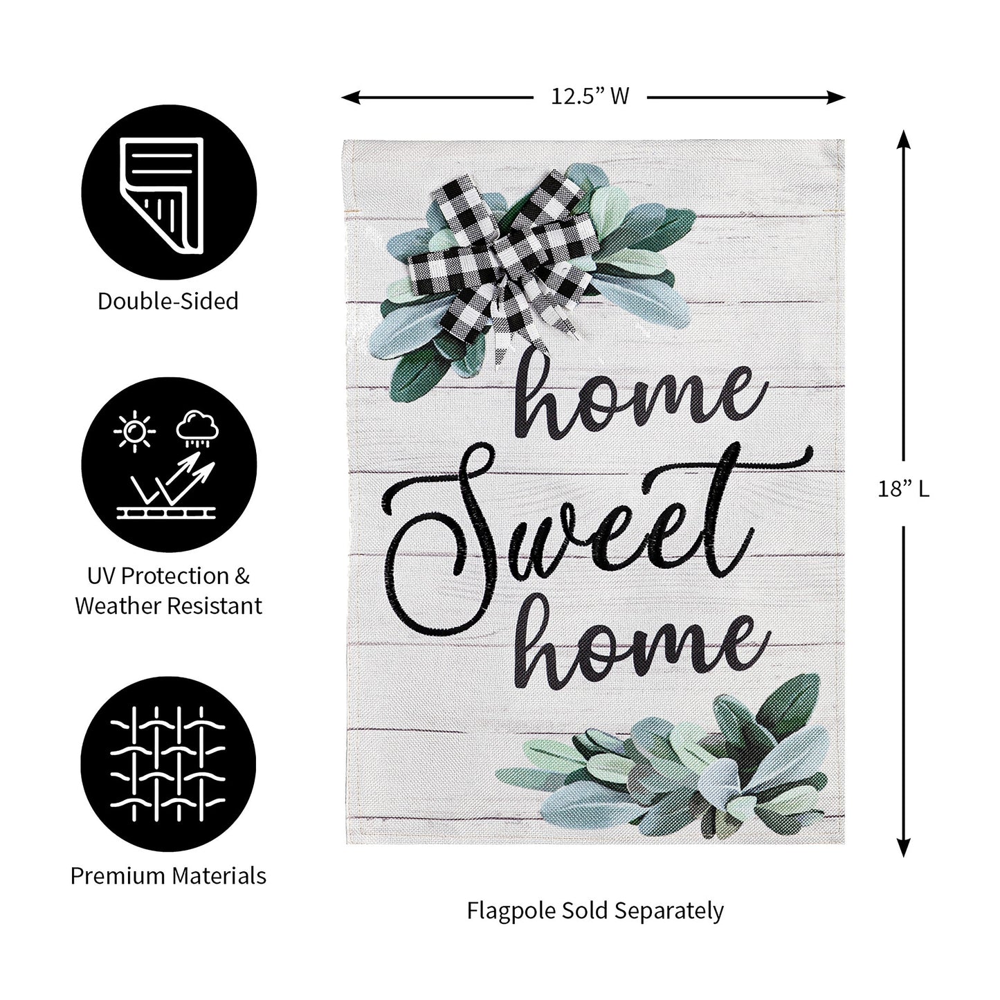 Home Sweet Home Eucalyptus Burlap Flag with eucalyptus leaves and gingham bow on rustic burlap on Tampa Home & Garden Store
