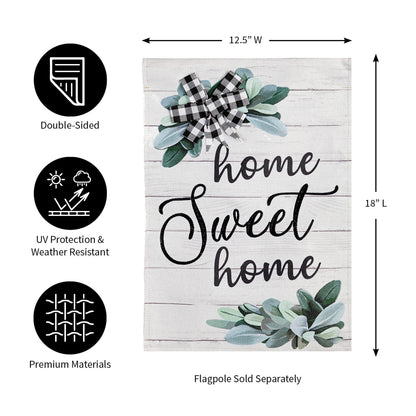 Home Sweet Home Eucalyptus Burlap Flag with eucalyptus leaves and gingham bow on rustic burlap on Tampa Home & Garden Store