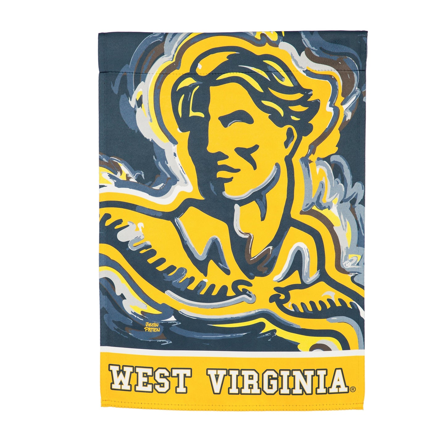Suede WVU flag featuring Justin Patten design in blue and gold by Evergreen Enterprises on Tampa Home & Garden Store