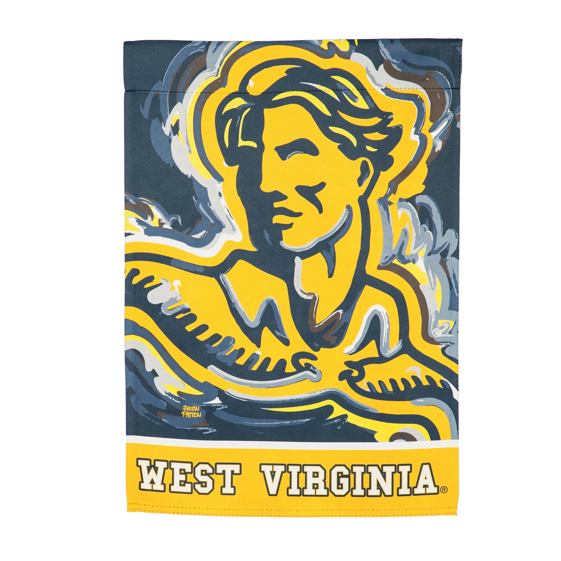 Suede WVU flag featuring Justin Patten design in blue and gold by Evergreen Enterprises on Tampa Home & Garden Store