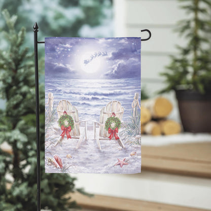 Christmas on the Beach Suede Garden Flag featuring blue ocean scene with chairs and wreaths on Tampa Home & Garden Store