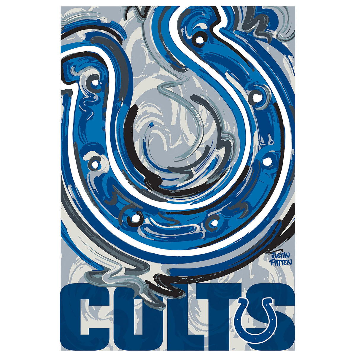 Colts suede garden flag with blue gray abstract swirls and Colts horseshoe logo Justin Patten signature on Tampa Home & Garden Store
