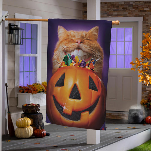 Cat Jack O'Lantern Teeth Suede House Flag with purple background and candy pumpkin on wood pole on Tampa Home & Garden Store