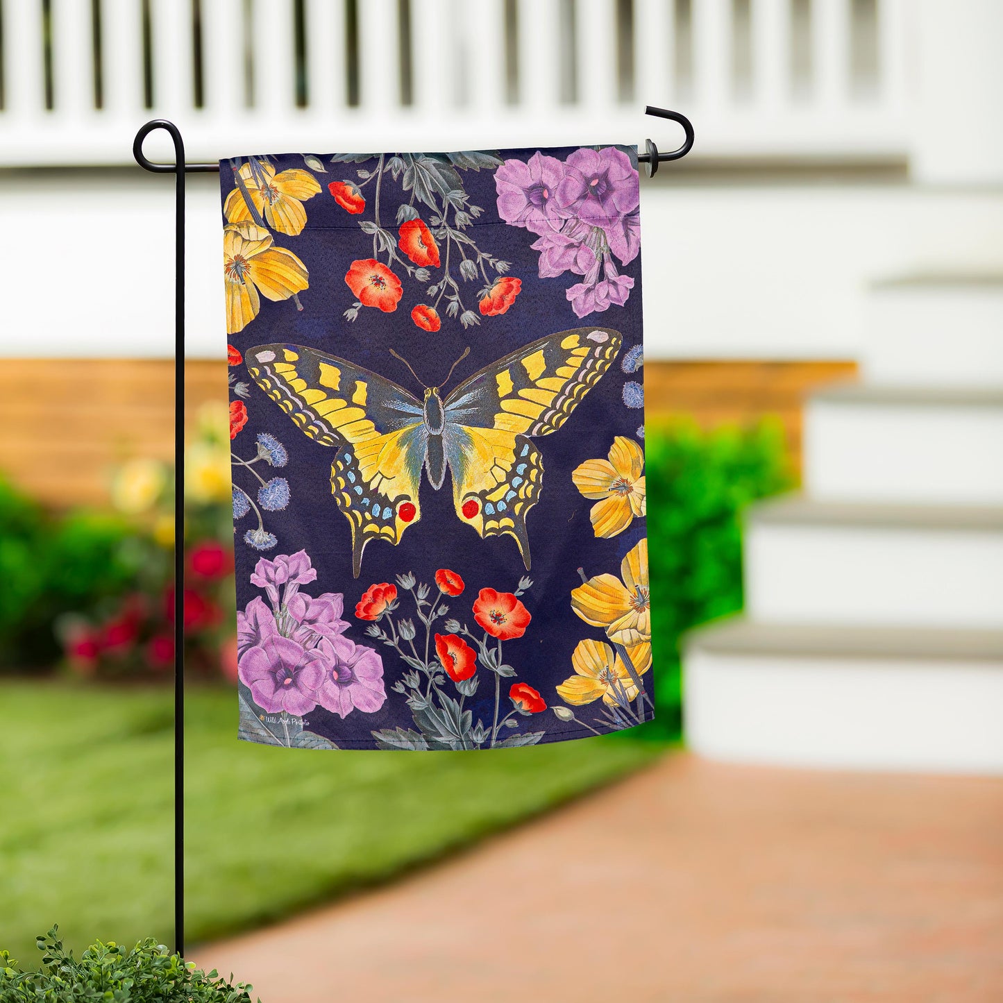 Butterfly Garden Suede Garden Flag on navy fabric with a large yellow butterfly and flowers on Tampa Home & Garden Store