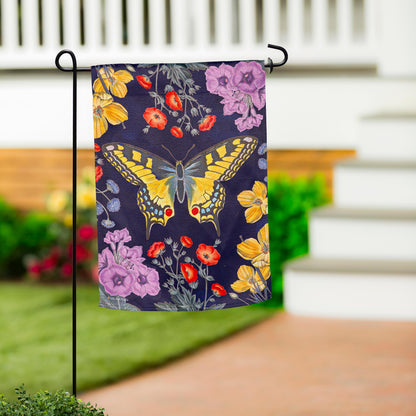 Butterfly Garden Suede Garden Flag on navy fabric with a large yellow butterfly and flowers on Tampa Home & Garden Store