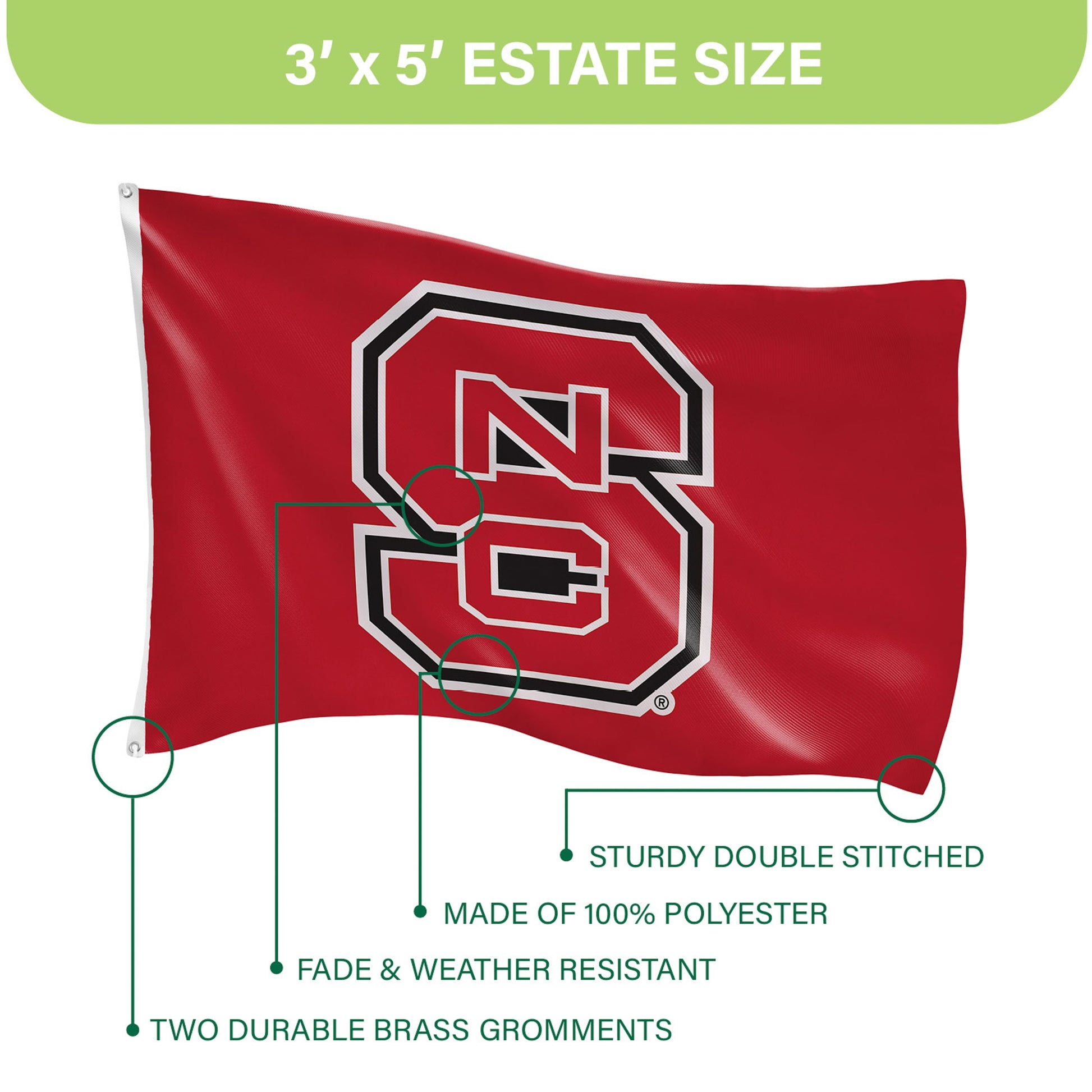 North Carolina State University flag 3x5 single-sided with brass grommets sublimated polyester on Tampa Home & Garden Store