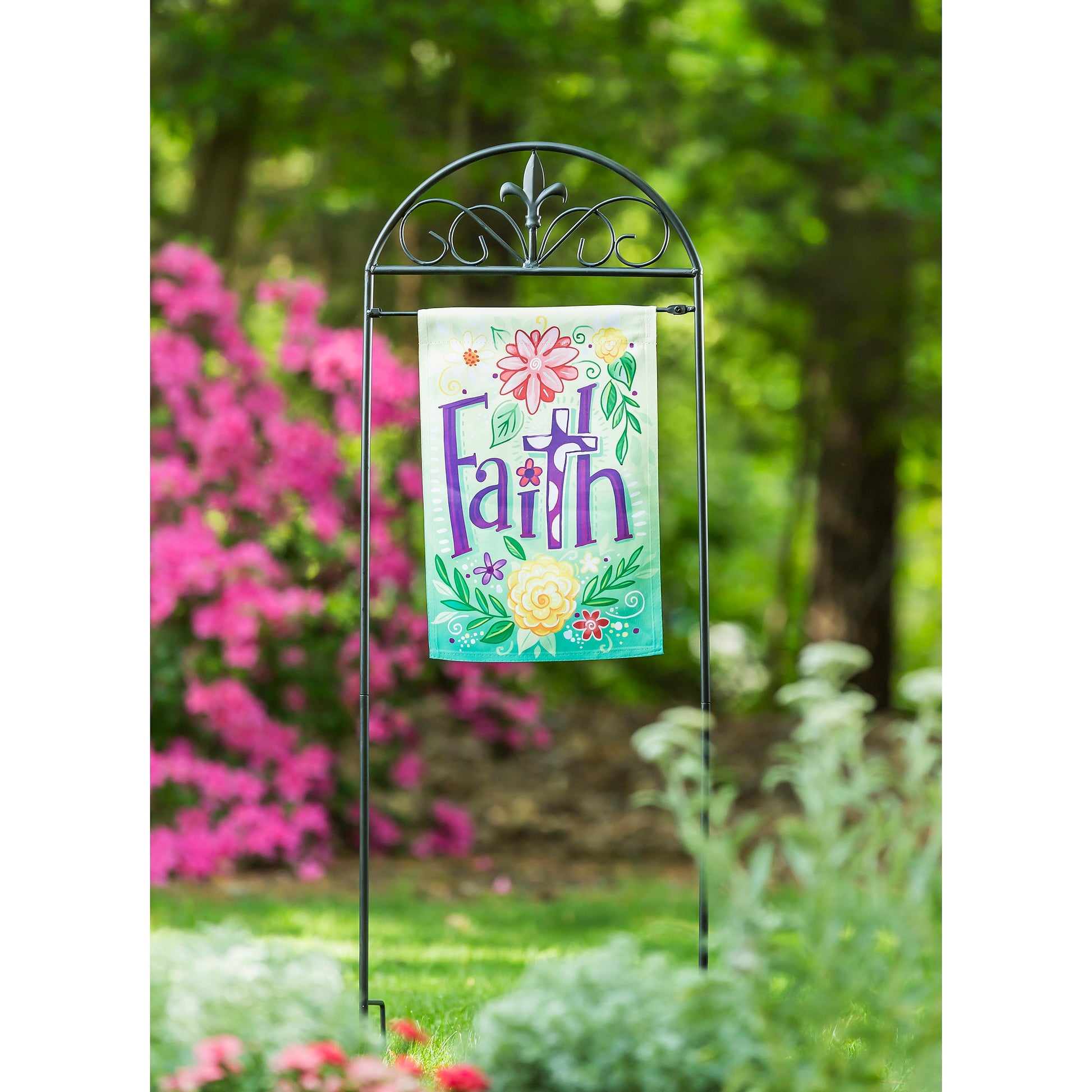 Fleur de Lis Garden Flag Arbor Stand with black metal arch holding a colorful Faith flag on Tampa Home & Garden Store