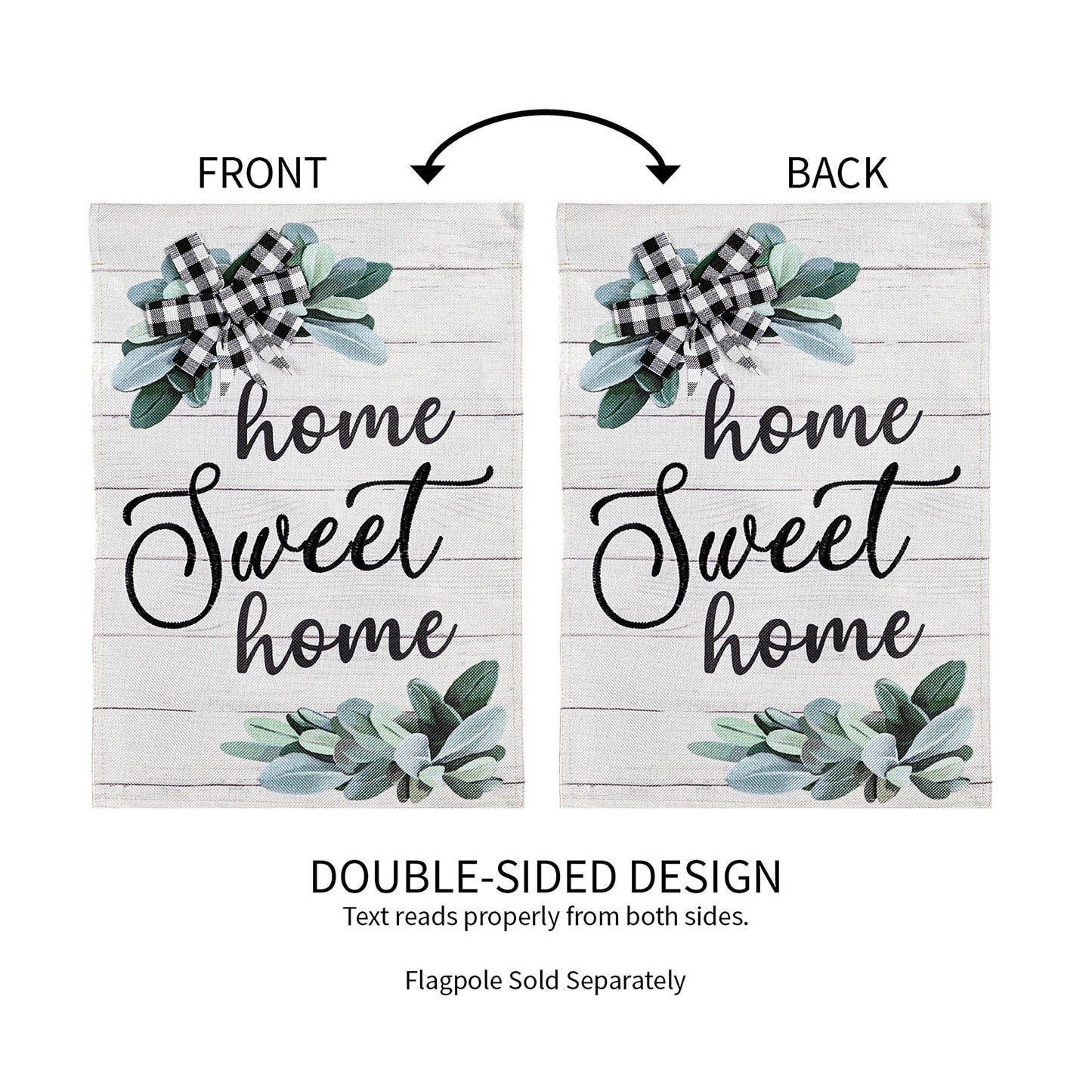 Burlap flag Home Sweet Home with eucalyptus leaves and gingham bow, front and back double-sided on Tampa Home & Garden Store