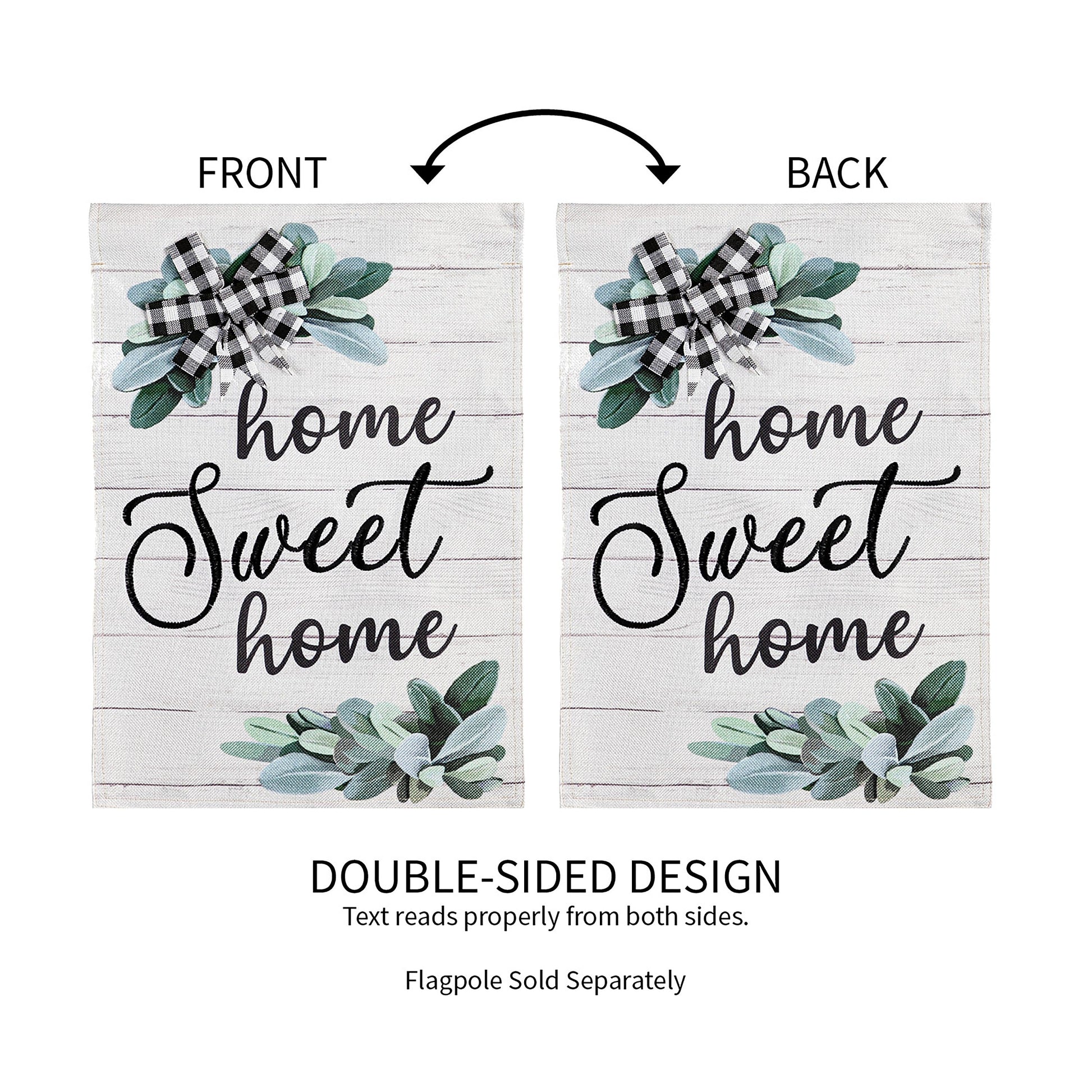 Burlap flag Home Sweet Home with eucalyptus leaves and gingham bow, front and back double-sided on Tampa Home & Garden Store