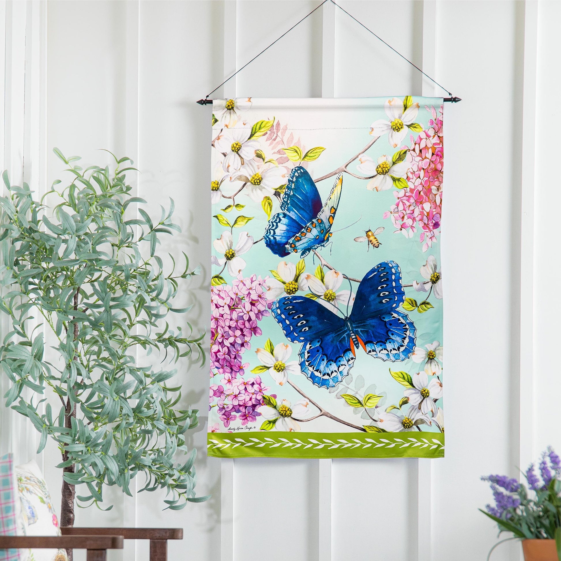 My Garden Suede House Flag floral butterfly print by Evergreen Enterprises on Tampa Home & Garden Store
