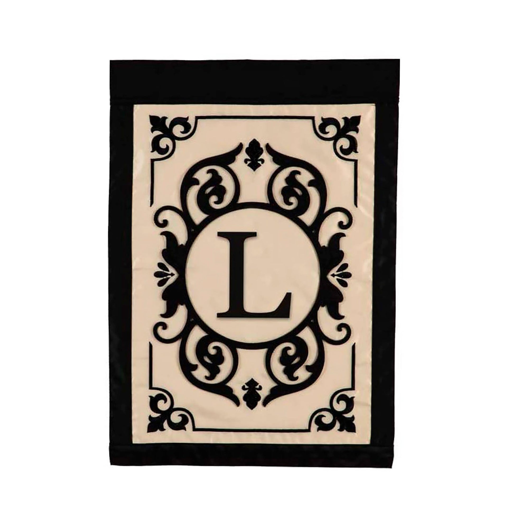 Cambridge Monogram Garden Applique Flag Letter L beige panel with black border on Tampa Home & Garden Store