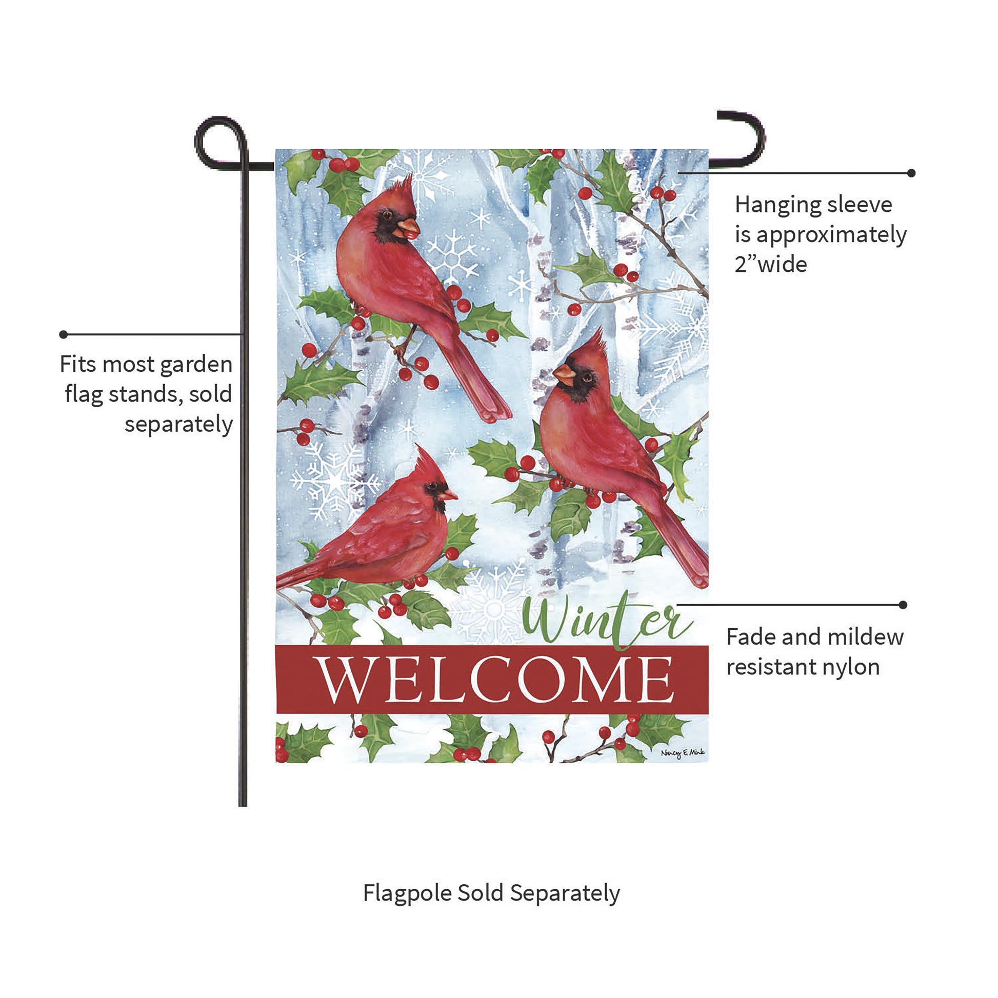 Winter Visit Suede Garden Flag cardinals on holly in snowy blue winter scene Evergreen Enterprises on Tampa Home & Garden Store