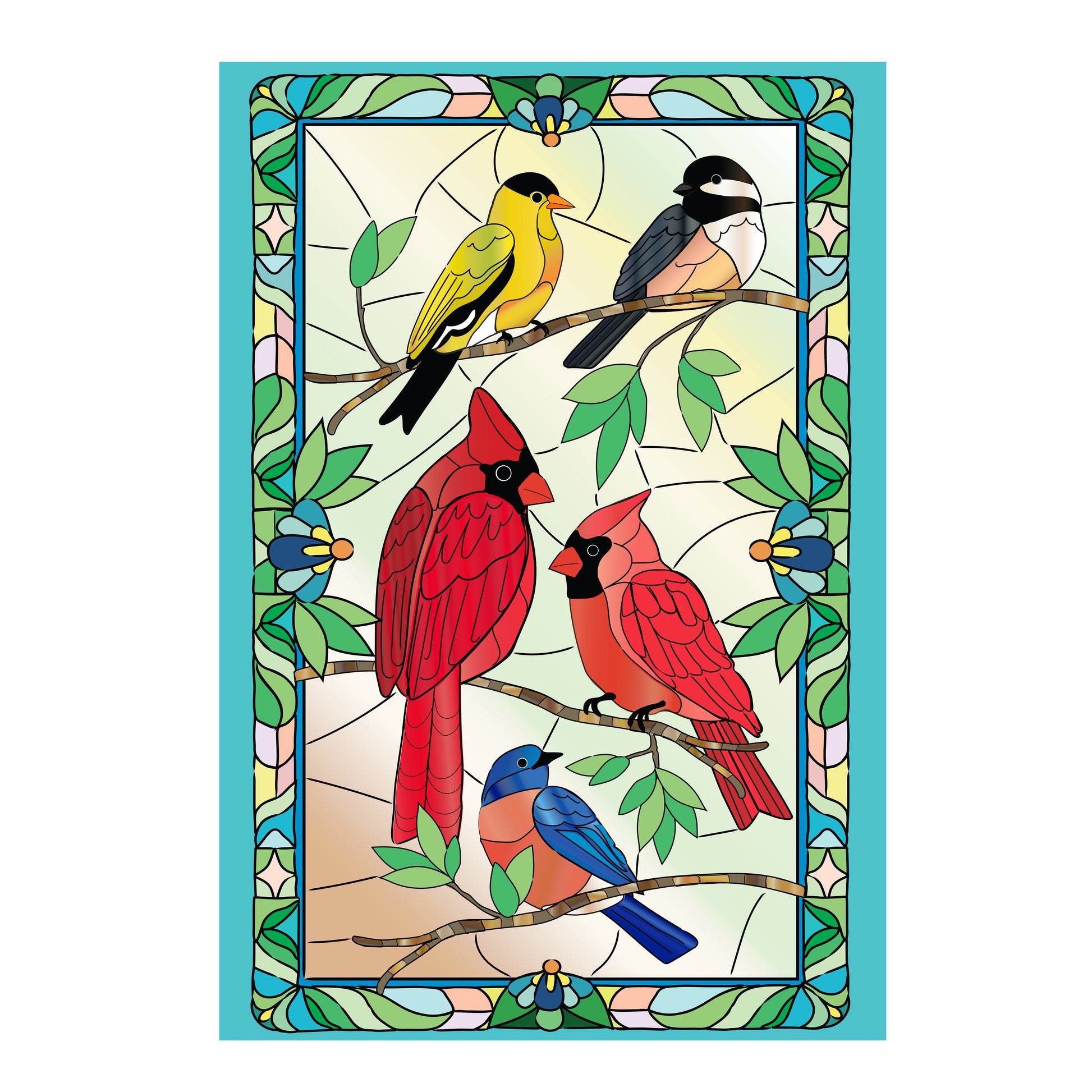Stained Glass Songbirds Applique House Flag with yellow red birds and blue bird teal border on Tampa Home & Garden Store