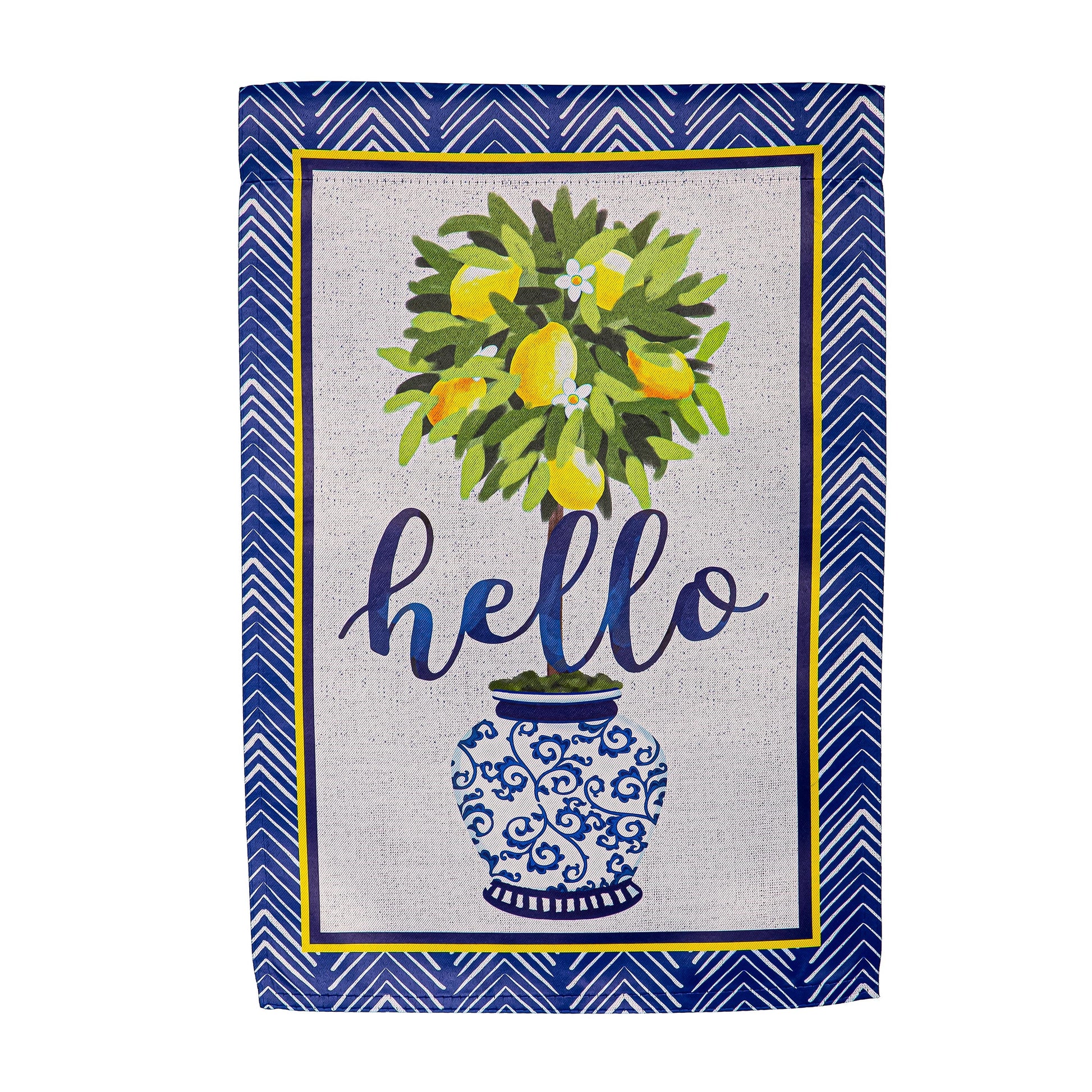 Hello Lemon Tree burlap garden flag by Evergreen Enterprises lemon bouquet in vase on Tampa Home & Garden Store