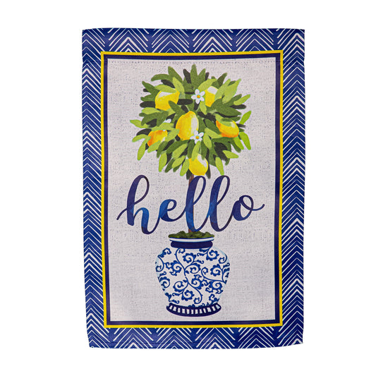 Hello Lemon Tree burlap garden flag by Evergreen Enterprises lemon bouquet in vase on Tampa Home & Garden Store