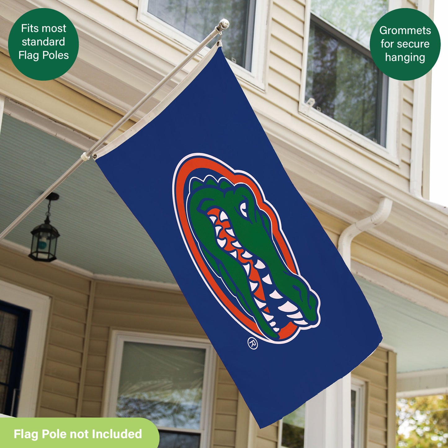 University of Florida single-sided sublimated flag with two grommets on a metal pole UF logo on Tampa Home & Garden Store