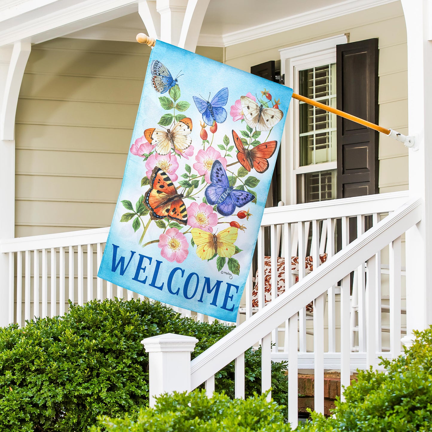 Butterfly's Fly Together Burlap House Flag blue background with butterflies and flowers on Tampa Home & Garden Store
