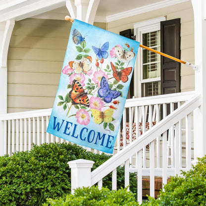Butterfly's Fly Together Burlap House Flag blue background with butterflies and flowers on Tampa Home & Garden Store