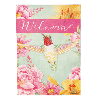 Welcome Hummingbird Burlap Garden Flag with pink flowers on textured burlap on Tampa Home & Garden Store