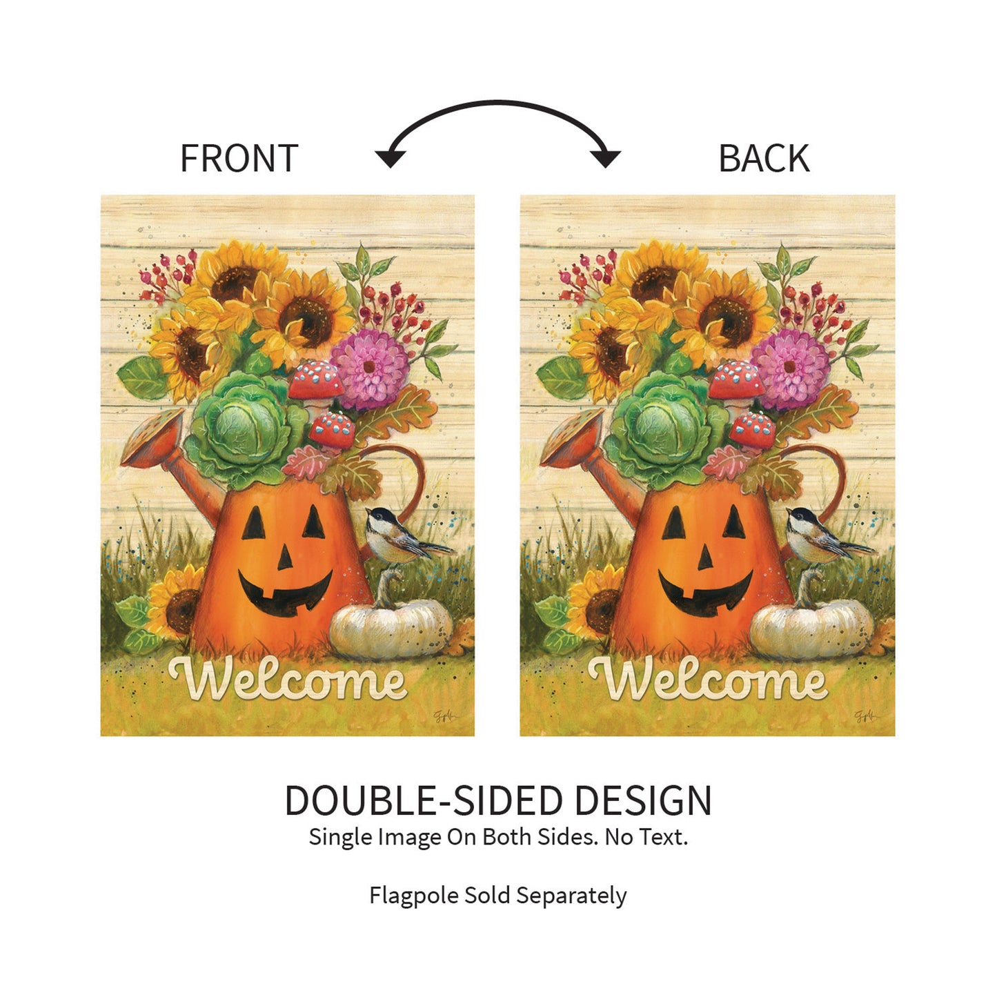 Halloween Watering Can Suede Garden Flag pair with pumpkin bouquet and sunflowers; double-sided on Tampa Home & Garden Store