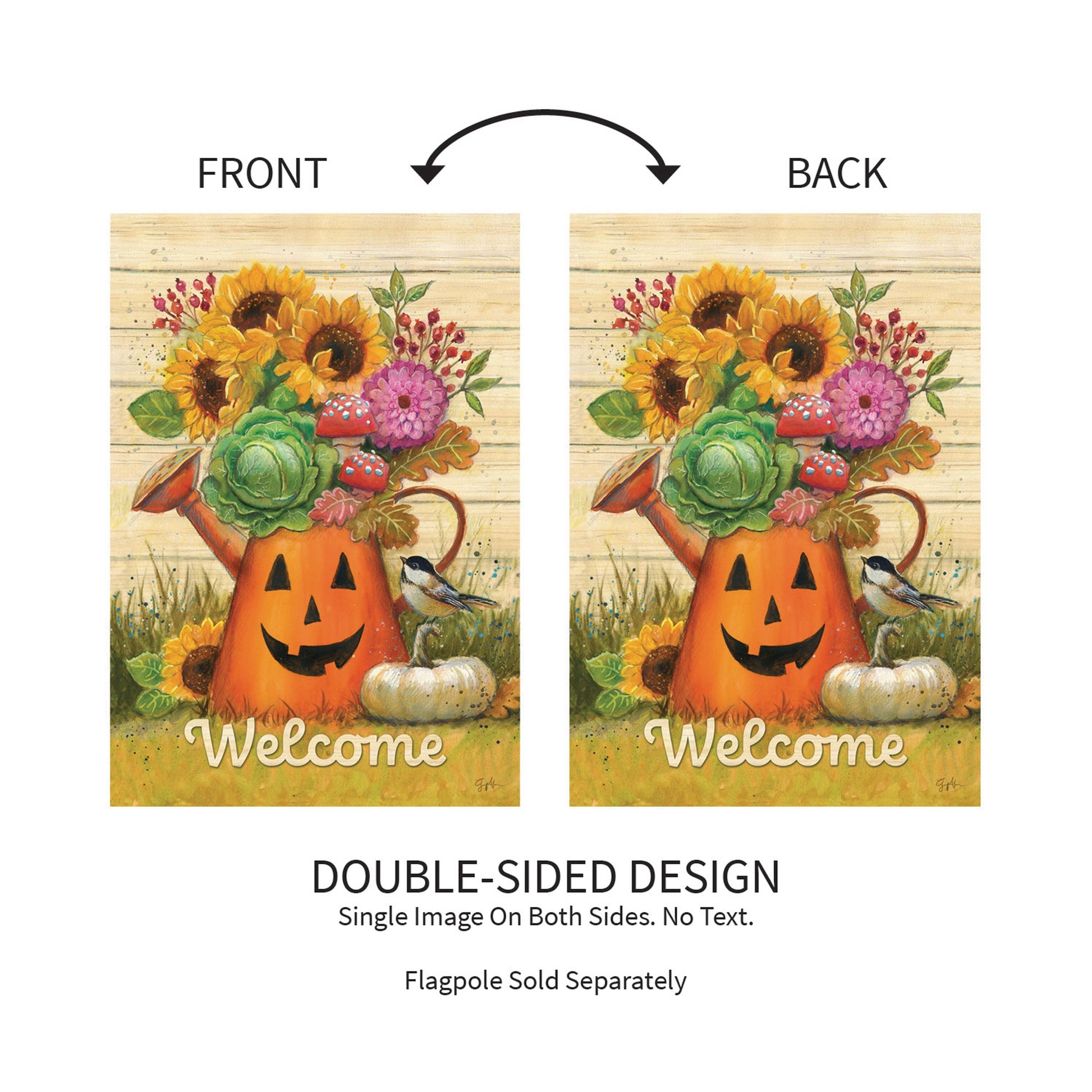 Halloween Watering Can Suede Garden Flag pair with pumpkin bouquet and sunflowers; double-sided on Tampa Home & Garden Store