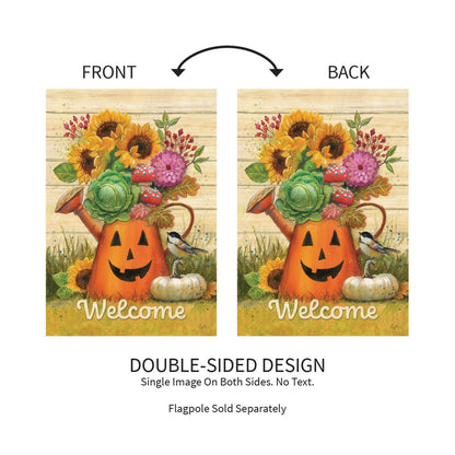 Halloween Watering Can Suede Garden Flag pair with pumpkin bouquet and sunflowers; double-sided on Tampa Home & Garden Store