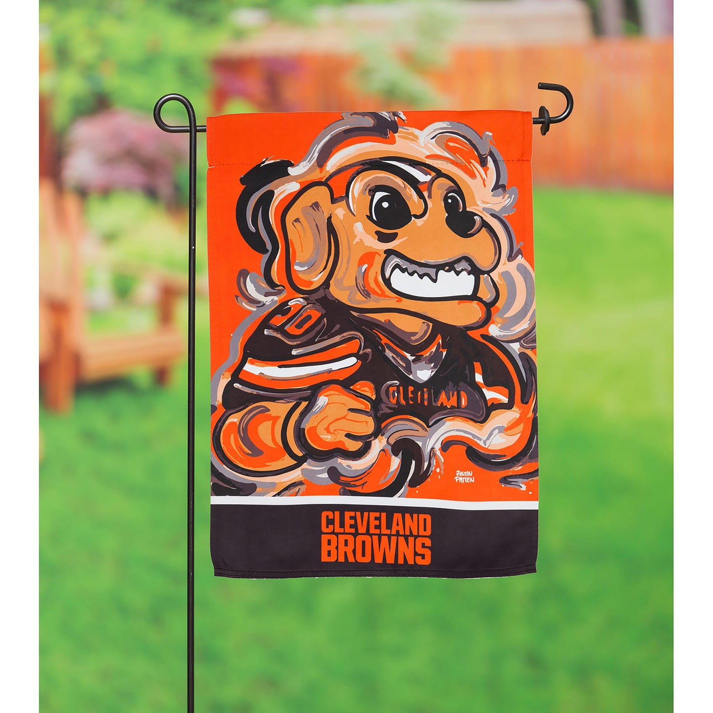 Suede flag with Cleveland Browns in orange-brown; Justin Patten; Evergreen Enterprises Windsocks on Tampa Home & Garden Store