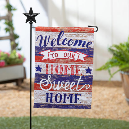 Farmhouse Home Sweet Home Garden Suede Flag on metal stake with star topper colors on Tampa Home & Garden Store