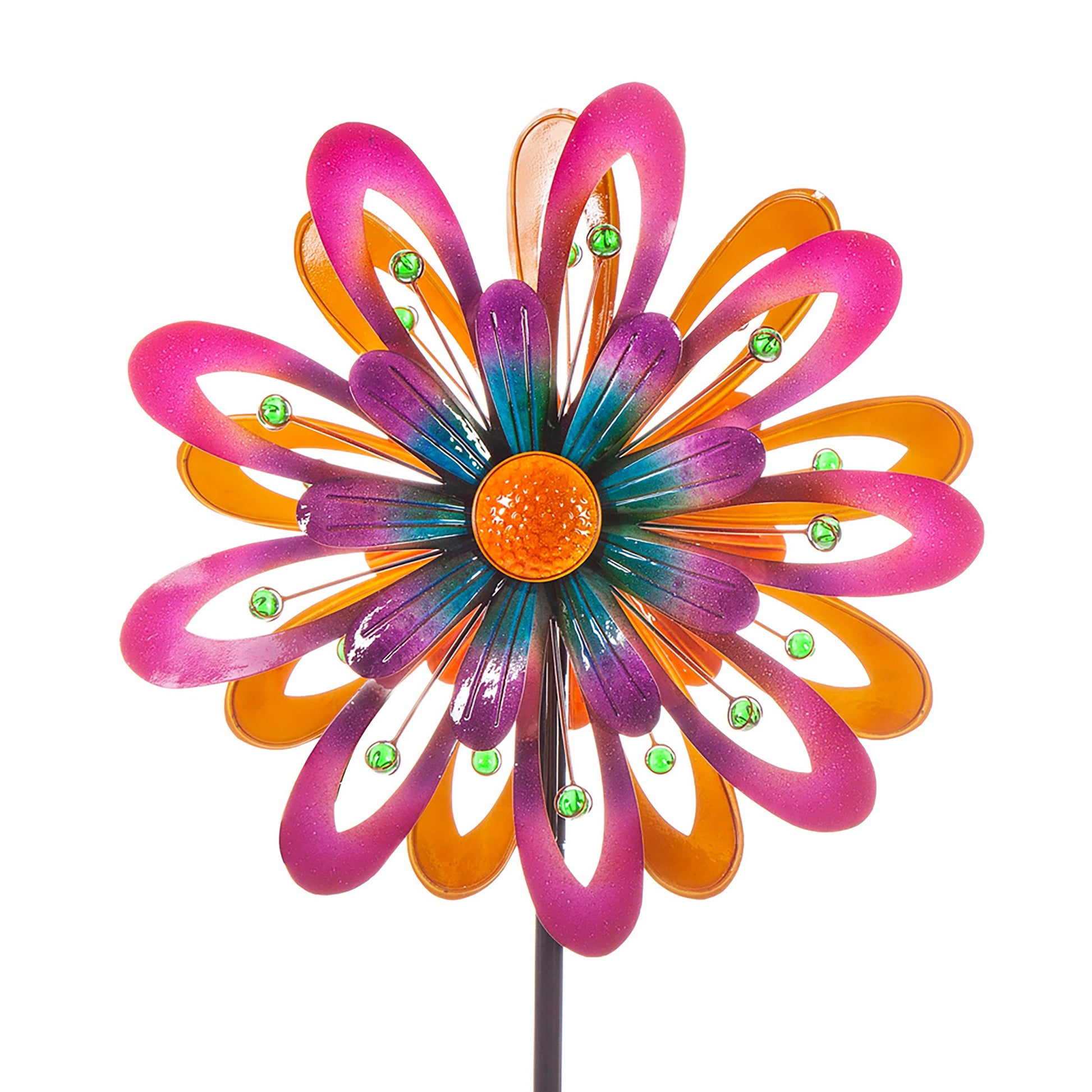 Flower Power Spinner wind wheel with pink/orange petals and green gems on Tampa Home & Garden Store